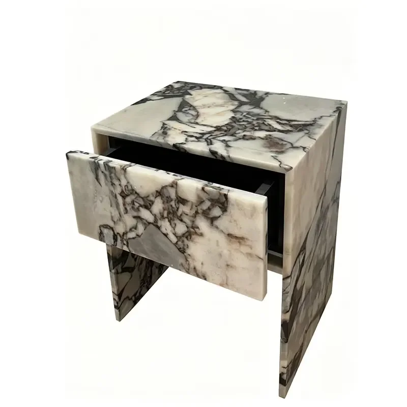 Natural Ocean Storm Marble Side Table Minimalist Cube Nightstand with Drawer Living Room Bedroom Decor Sofa Side Table