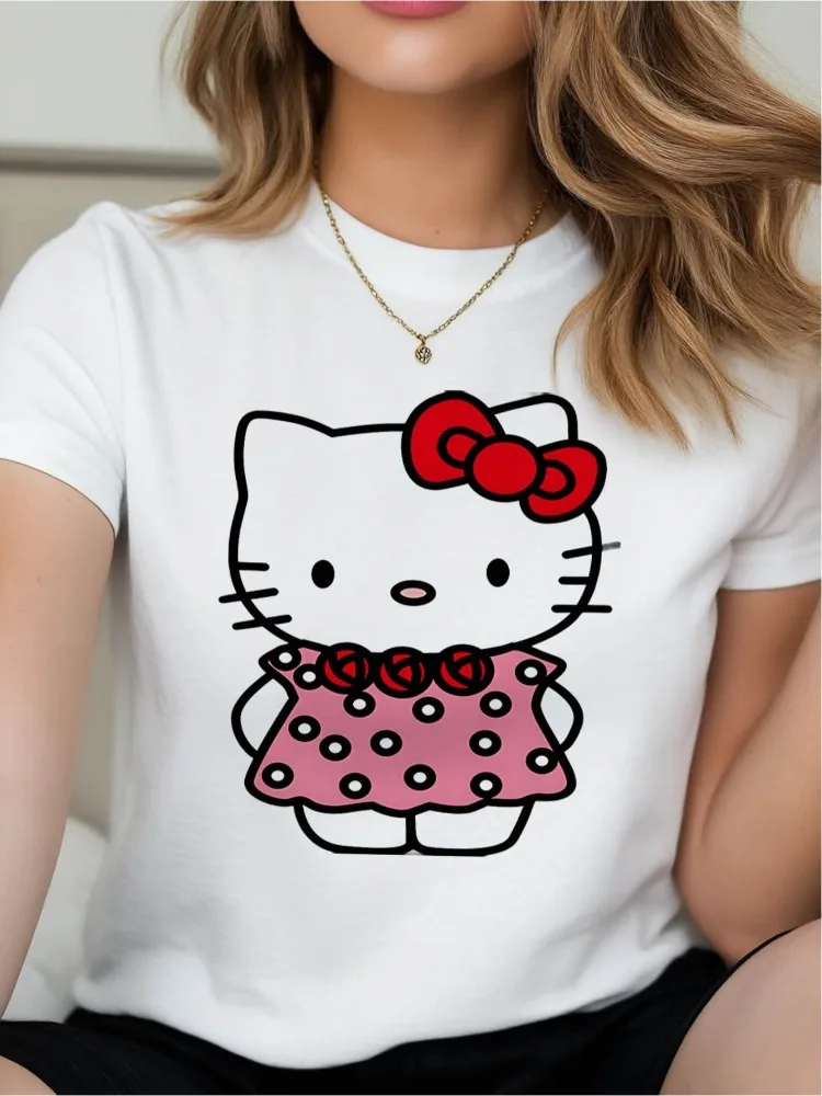 سانريو مرحبا كيتي المرأة تي شيرت مرحبا كيتي نمط قصيرة الأكمام الوردي البولكا نقطة فستان مع القوس الأحمر طباعة لطيف تنفس #2