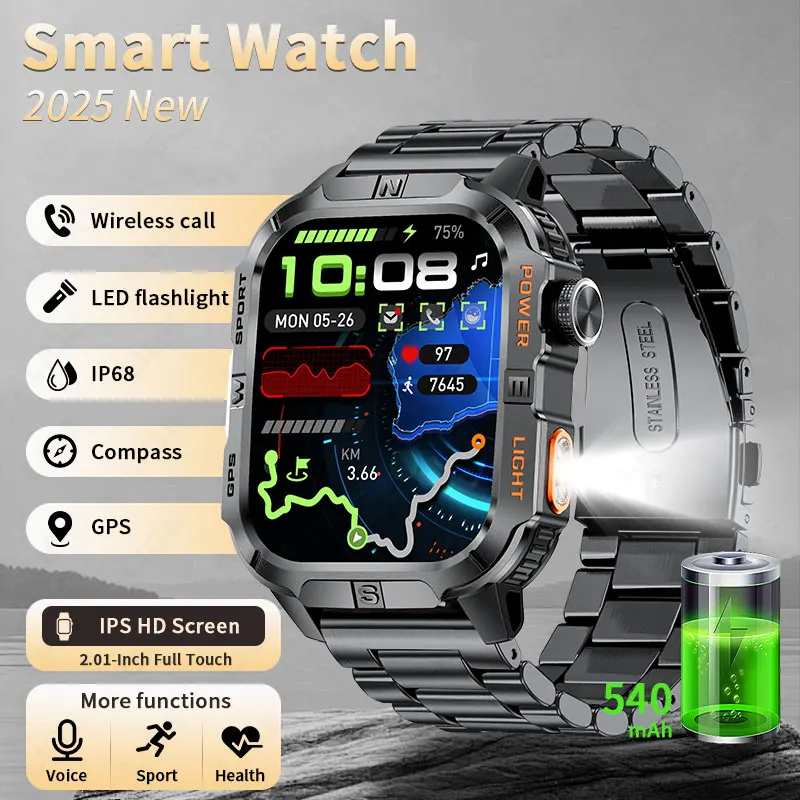 

New GPS Positioning Smart Watch Men Compass LED Flashlight Outdoor Watches Bluetooth Call 2.01'' HD Screen Waterproof Smartwatch