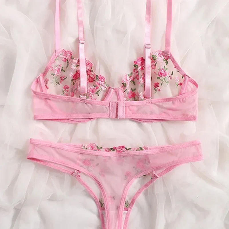 Caofeimao 2025 Lingerie Sexy Floral Embroidery Underwear Transparent Lace Short Skin Care Kits Delicate Fairy Set Woman 2 Pieces