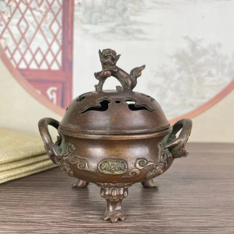 

Antique Bronze Lion Cover Stove Xuande Three-Legged Stove Domestic Sandalwood Agarwood Incense Burner Incense Burner Tea Ceremon