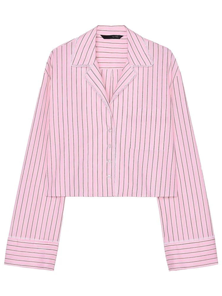 

ZAPRHA 2025 Sweet Pink Striped Silk Cotton Long Sve ort irt Women's Small Size Versatile Straight Cut Summer irt