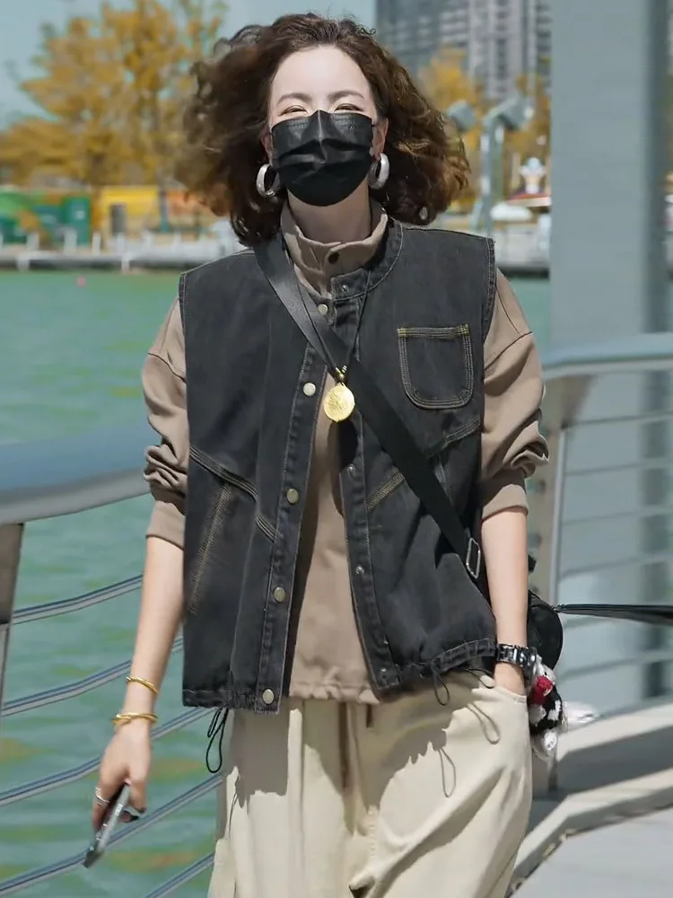 

Early Autumn 2025 New Korean Sle Faionable Casual Loose Svel round Ne Denim Vest Versatile oulder Pad Jaet