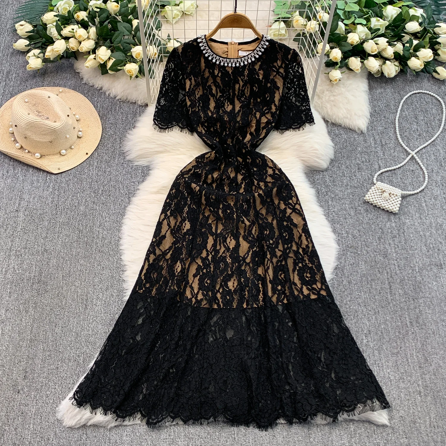 Abito vintage chic a maniche corte con perline Elegante fata moda coreana Boho Sundress abbigliamento donna