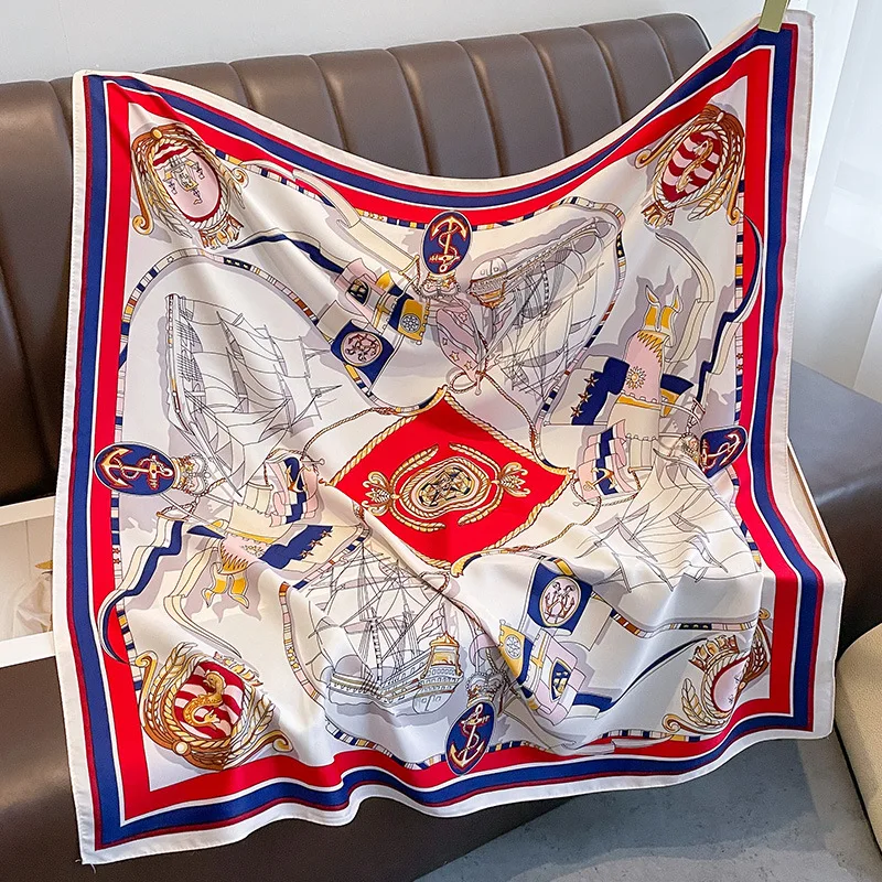 Neuer Schal mit Segelboot-Aufdruck, 90 cm, großer quadratischer Schal, Twill-Seiden-Kopftuch, Sonnenschutz-Schal für Damen, Schals, Luxus-Markendesigner