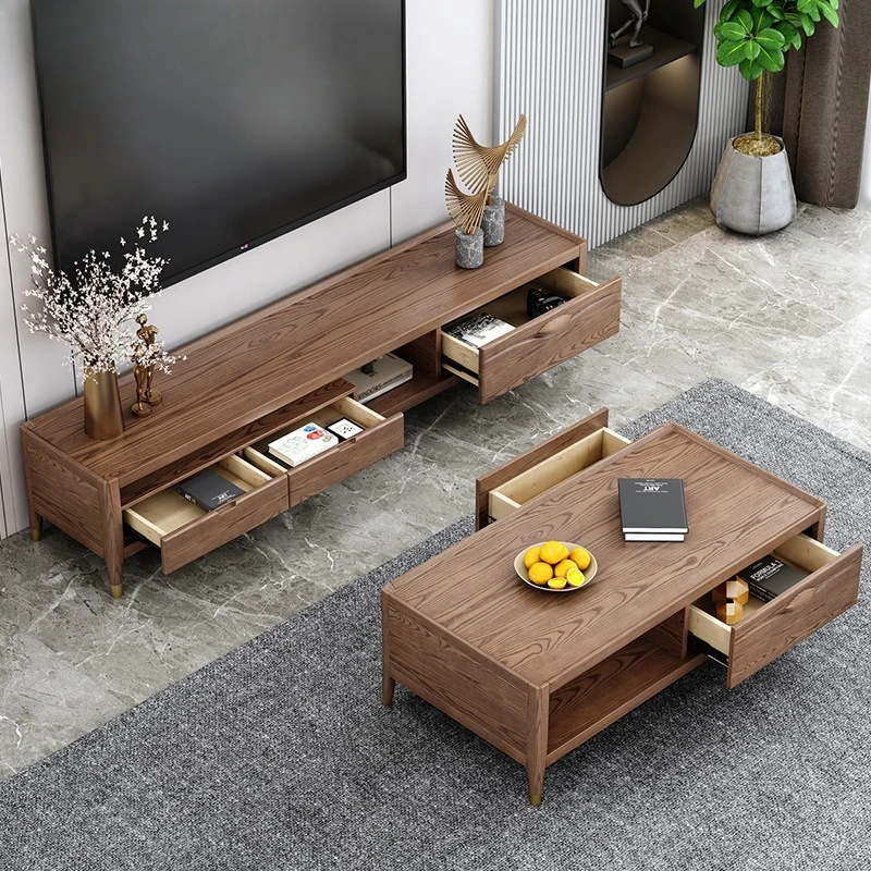 New Chinese style solid wood coffee table TV cabinet combination small apartment living room coffee table TV cabinet ash wood fl