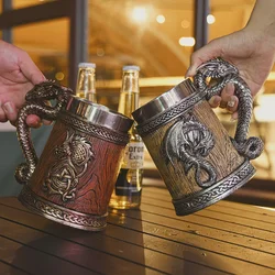 600ml Mug Pterosaur 3D Dragon Cup Stainless Steel Resin Large Capacity Bar Beer Wine Coffee Milk Drinkware Retro Wooden Barrel