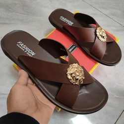 Men's slippers Cowhide flip-flops Casual beach shoes Cowhide flip-flops men's flip-flops, brand designer casual slippers