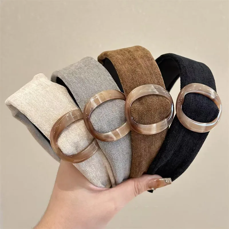 1pc Acrylic Circle Headbands Beige Brown Canvas Wide Padded Headband Vintage Fashion Hair Accessories for Women Girls Daily