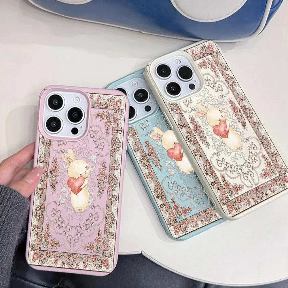Vintage Heart Bunny Lichee leather pattern Phone Case For Samsung S26 S25 S24 S23 S22 S21 S20 S10 Plus FE Ultra 4G 5G Shockproof