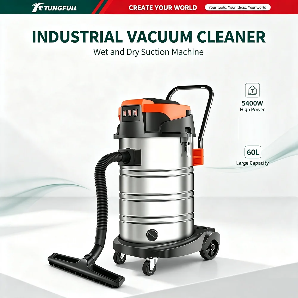 TUNGFULL Wet Dry Vacuum Cleaner 5400W Powerful Suction 60L Capacity Commercial Vacuum For Construction Site Hotel Home Cleaning