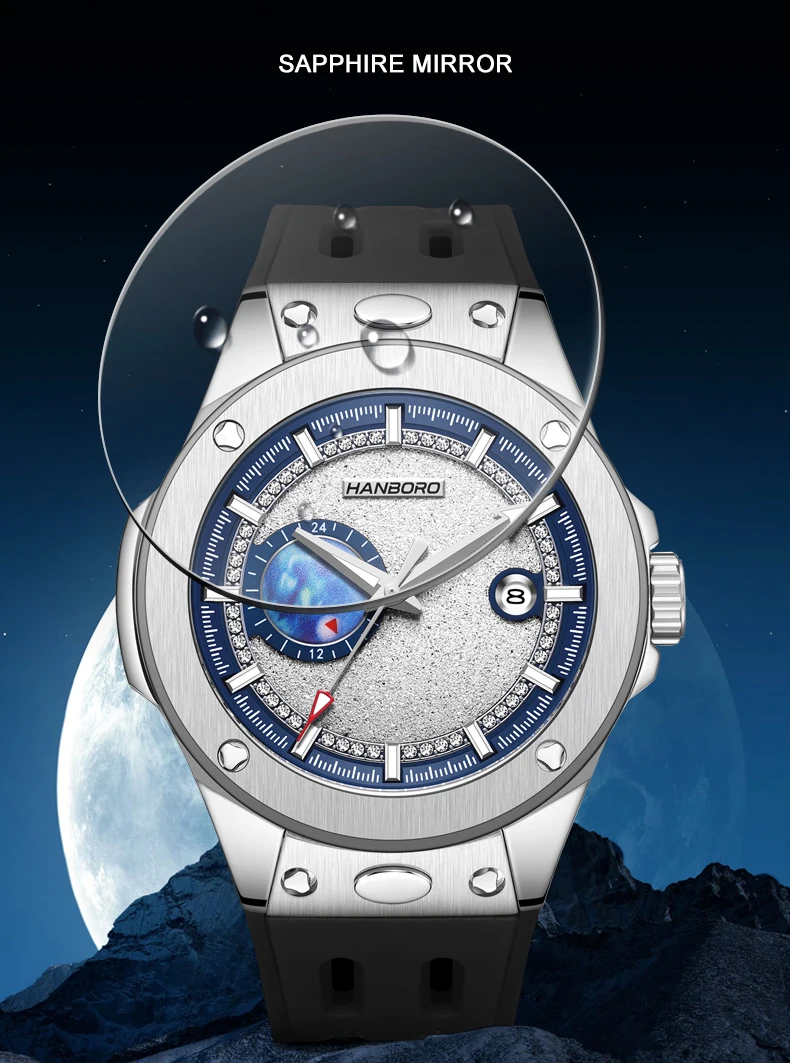 HANBORO orologio automatico da uomo 42mm orologio da polso meccanico impermeabile zaffiro luminoso 24 ore data Miyota8217 cinturino a sgancio rapido