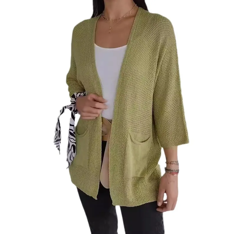 

Новинка 2025 года, женский кардиган, пальто, тонкий рукав 9 четвертей, карман, простой модный белый топ, вафельный повседневный женский черный пиджак