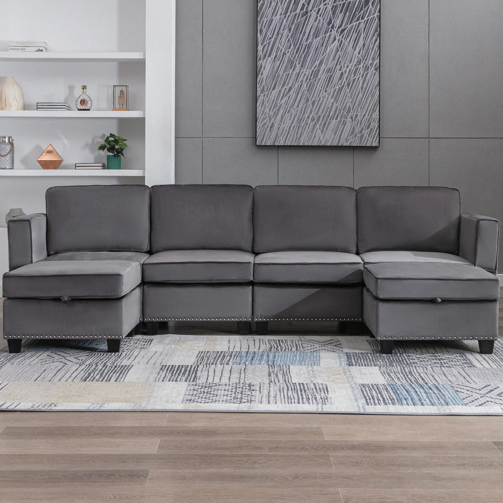 HORGAEO Sectional Sofá, 3 Seat Convertible Modular Dark Grey Sofa with Adjustable Backrest and Armrests I Shaped Sleeper Sofas