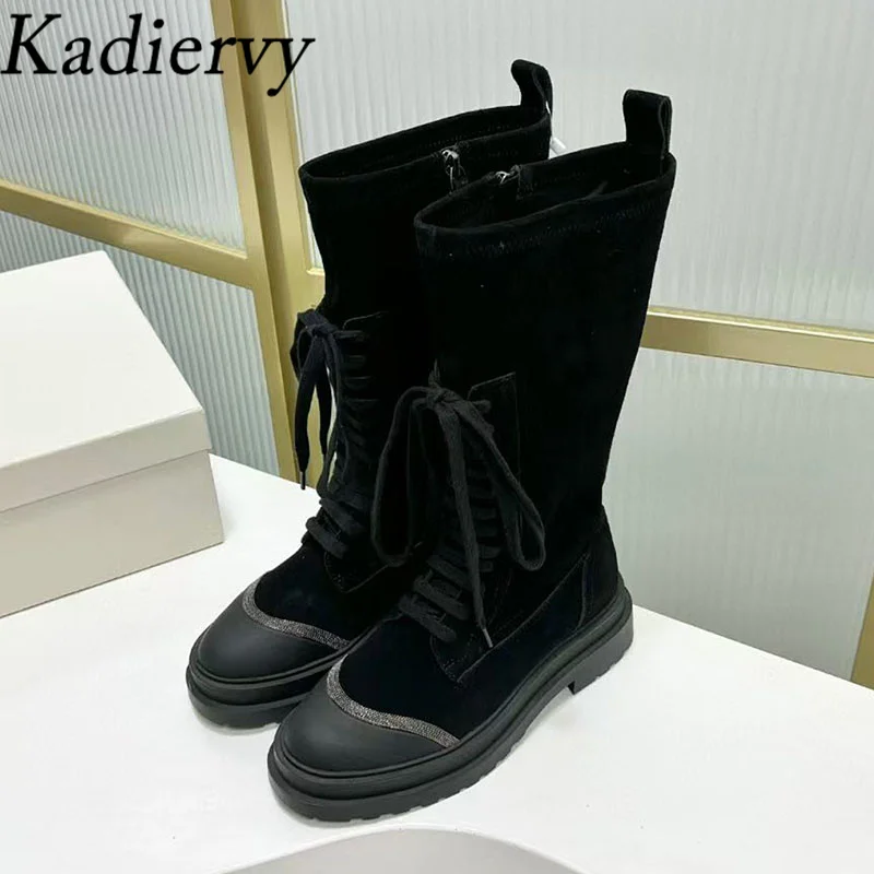 New Motorcycle Boots Women Round Toe Lace Up Short Boots String Bead Flat Shoes Women Cow Suede Outdoors Boots Woman