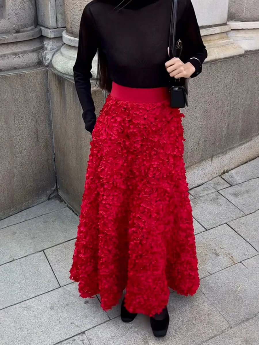 Autumn New Flower Petal Long Skirt 2024 High Waist Elegant Evening Party Red Maxi Skirt Streetwear Fashion Vintage Faldas Bottom