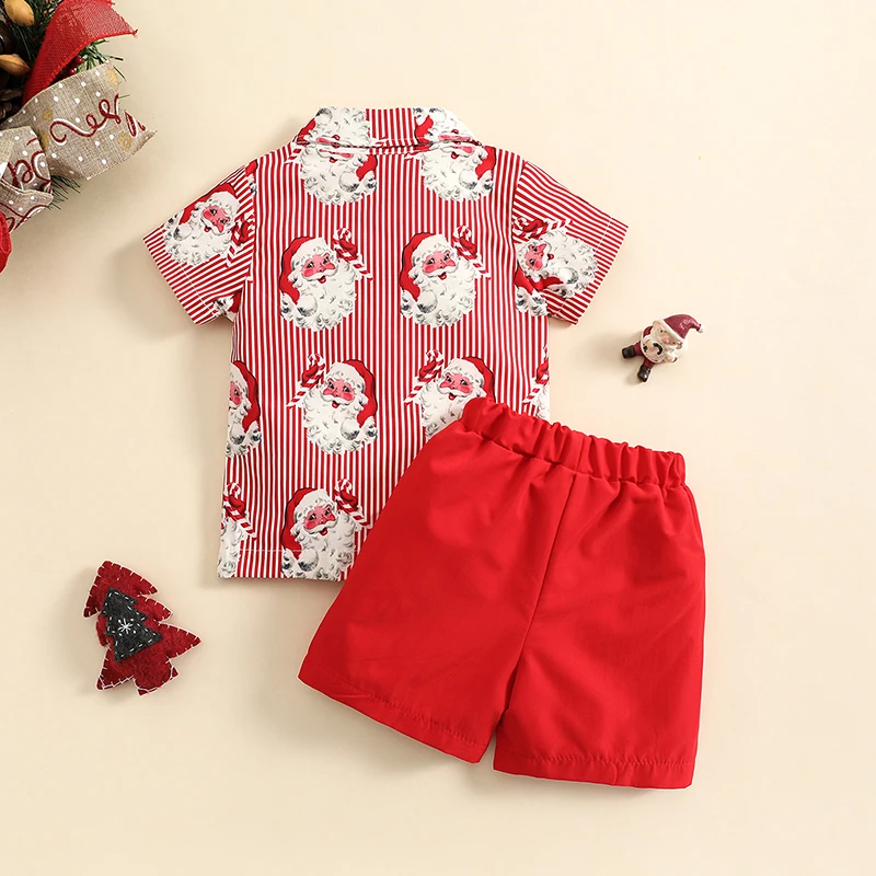 Kids Boys Summer Gentleman Outfits Santa/ Christmas Tree Print Short Sleeve T-shirt with Bow Tie and Casual Shorts Set