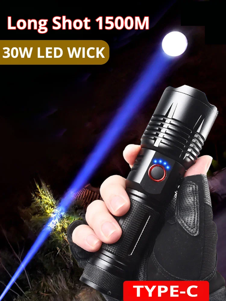 

Super New LED Flashlight Spotlight Long-range Wick TYPE-C Rechargeable Most Powerful LED Flashlights Outdoor Strong Light Torch