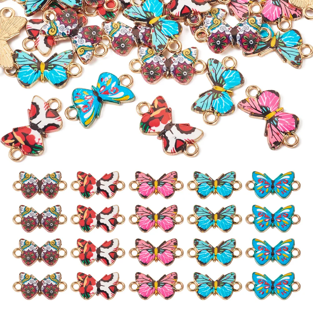 

30Pcs 2-Hole Alloy Enamel Connector Charms Printed Butterfly Links Light Gold Color DIY Making Bracelets Anklets Jewelry Finding