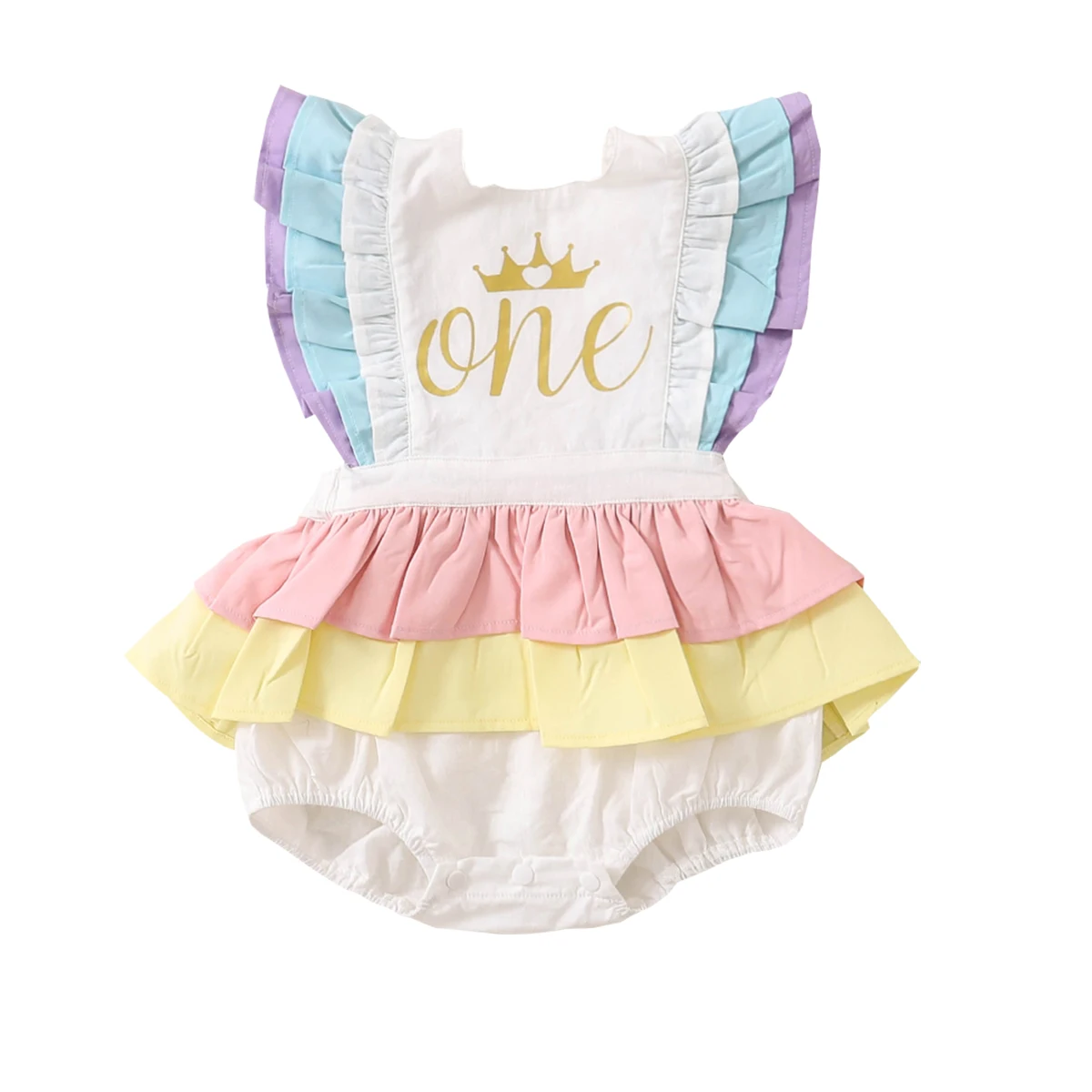 

Baby Girl Rainbow birthday Outfit Sunsuit Jumpsuit Newborn Clothes Short Flying Sleeve Crew Neck Summer Dress Romper