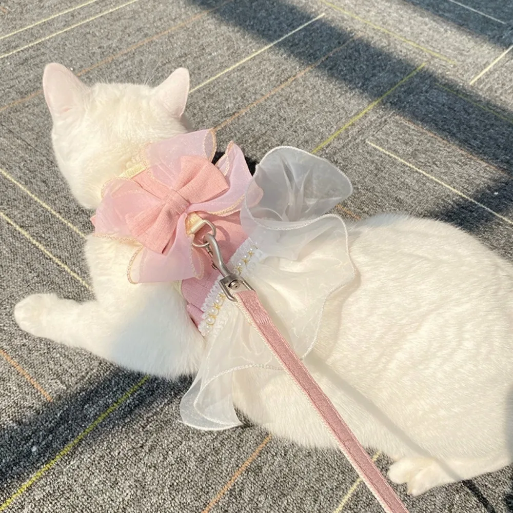 

Cute Princess Style Cat Harness Leash Adjustable Breathable Pet Chest Strap with Bowknot Nylon Cat Vest Photo Shoot