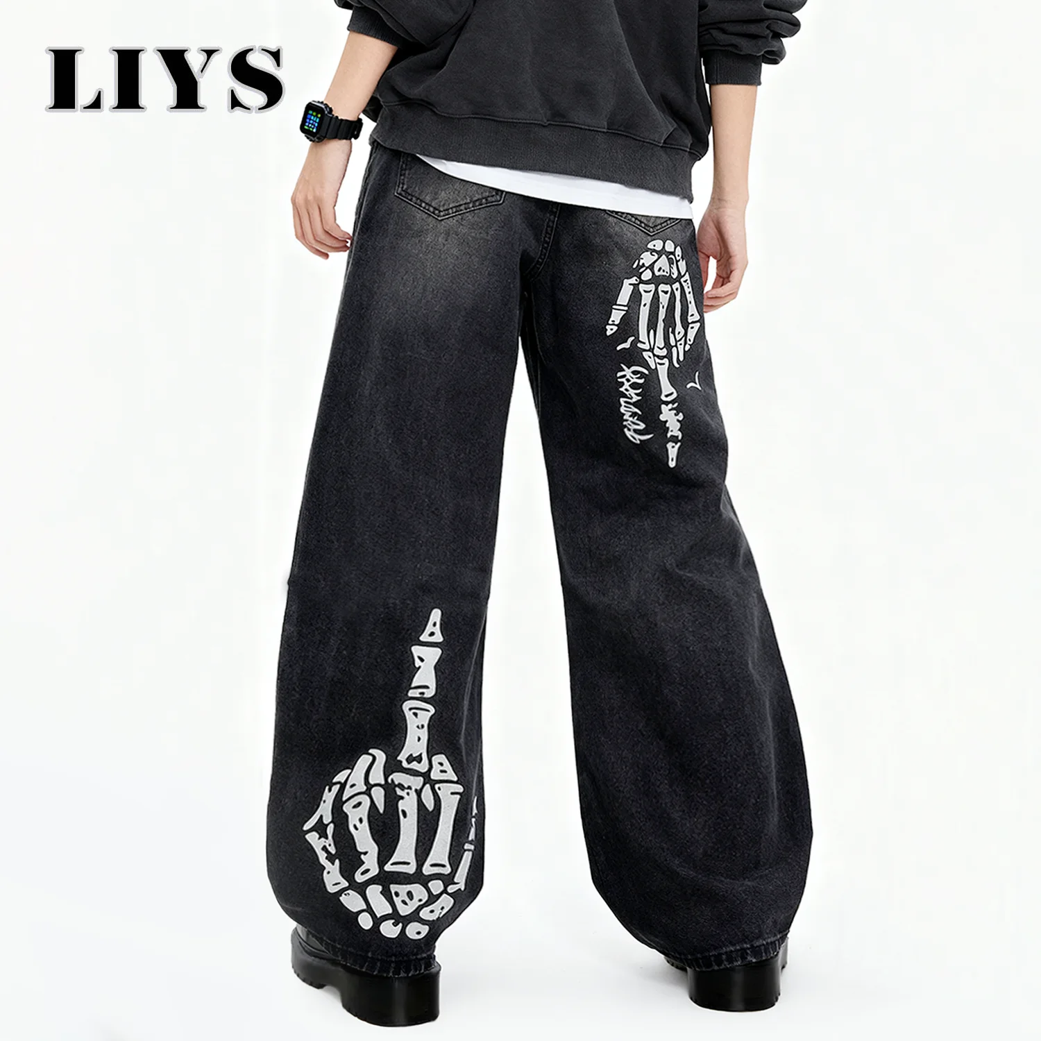 Men's Black Skull Finger Print Baggy Wide Leg Jeans Spring Summer Loose Straight Leg Denim Pants Women's Skull Element Jeans