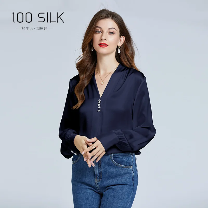 

Elegant Temperament, Heavy Silk Blouse Shirt, Long-sleeved Pullover, Women's Loose 100% Mulberry Silk Casual Commuter Top
