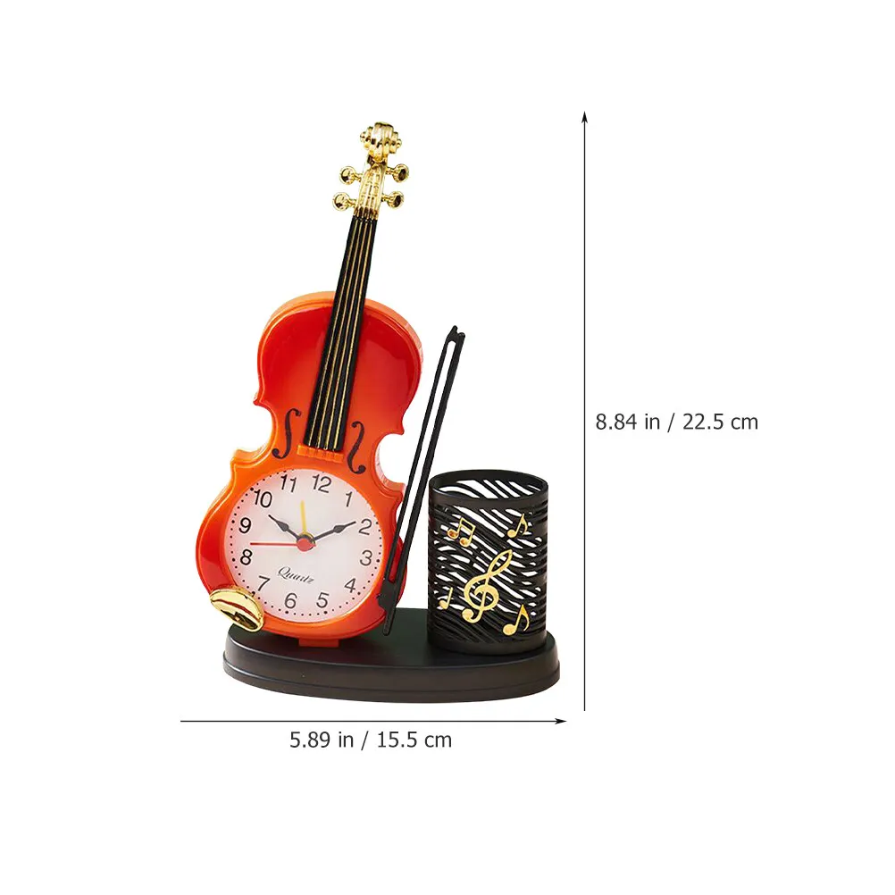 Creative Violin Inspired Table Clock with Pen Storage Holder Desktop Decoration for Shelf Bookcase Fireplace Desk New Year