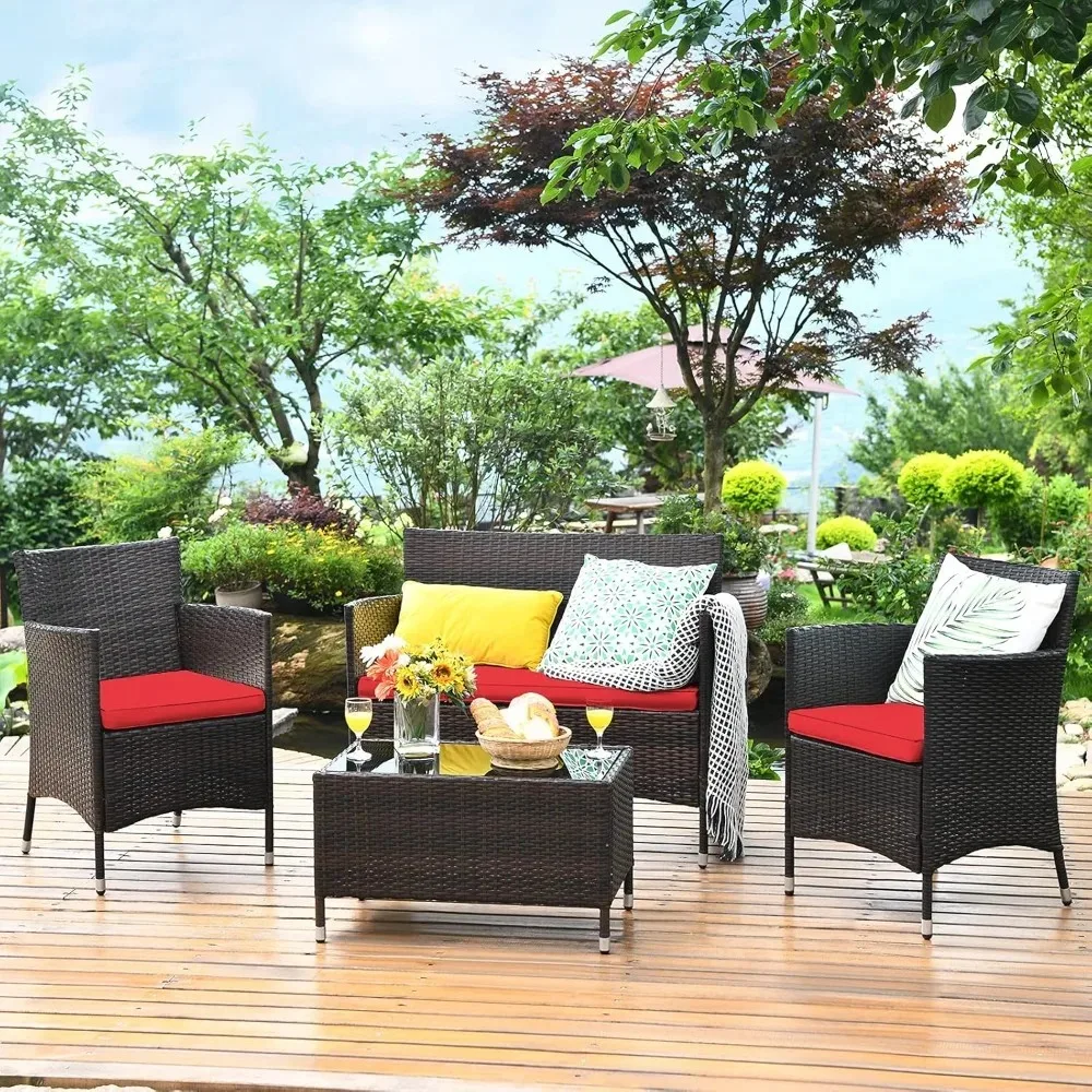 8-teiliges Rattan-Terrassenmöbel-Set, Outdoor-Rattan-Stühle aus Korbgeflecht mit Couchtisch, gepolstertes Rattan-Gesprächsset für B