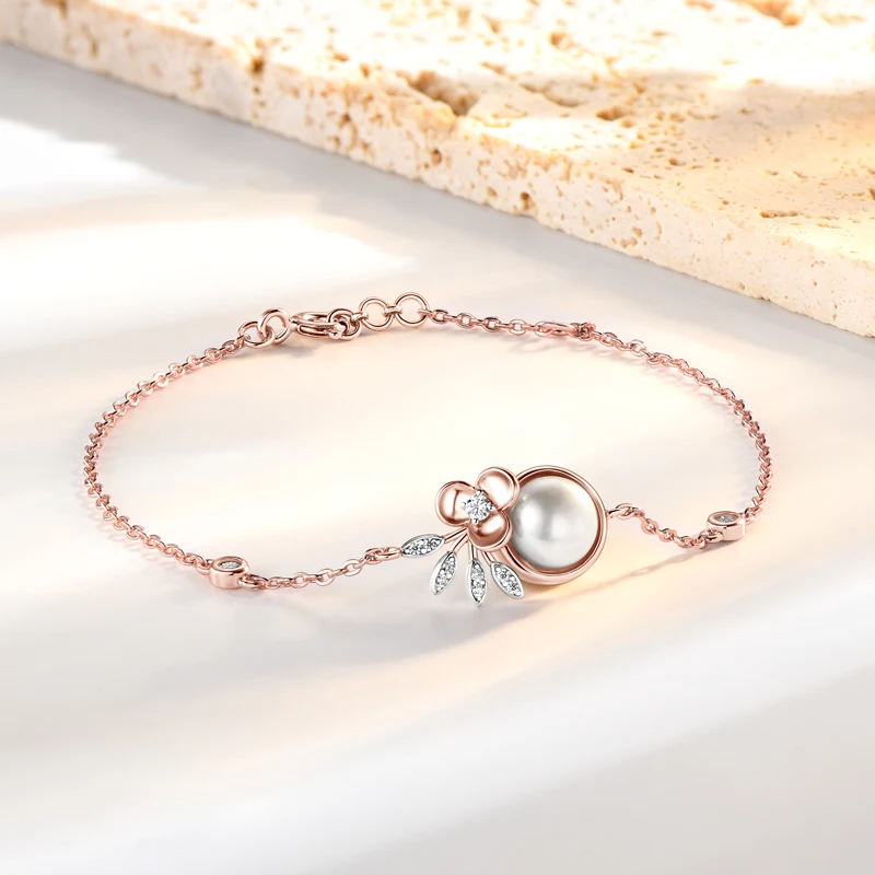 

Anziw 2mm&1mm Moissanite & 8mm Natural White Freshwater Pearl Bracelet for Women Real 925 Silver With 18k Rose Gold Color Plated