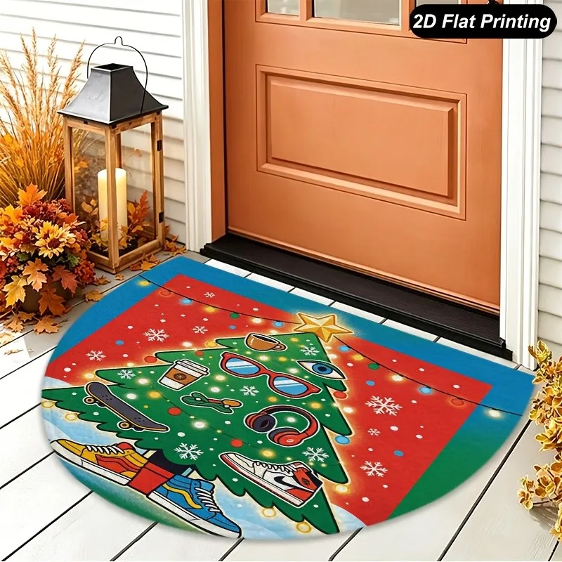Rustic Christmas Bells Semi Circle Doormat Botanical Floral Welcome Mat
