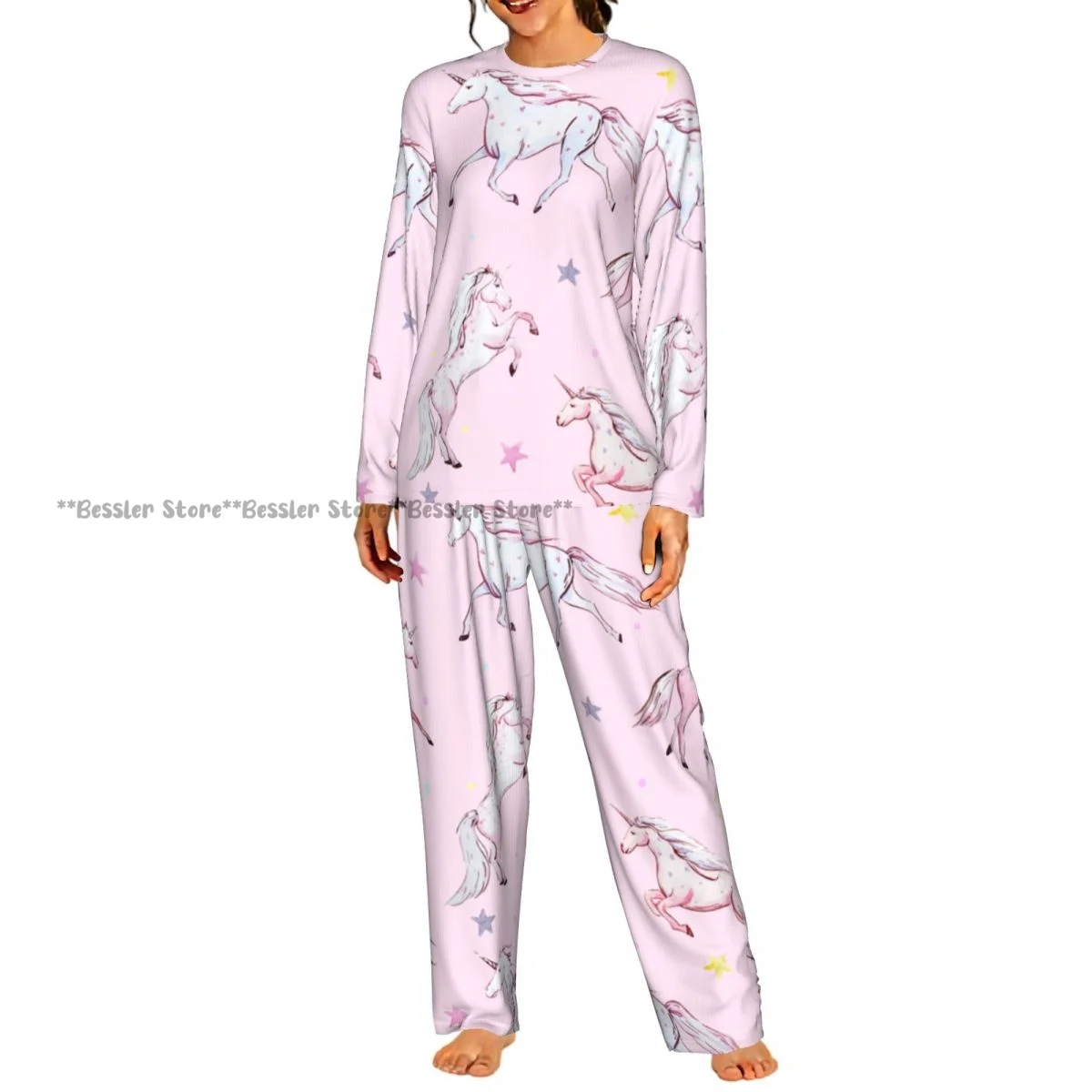 Women Casual Round Neck 2PCS Sleepwear Set Long Sleeve Shirt & Long Pants Watercolor Unicorn Pattern Daily Home Loungewear