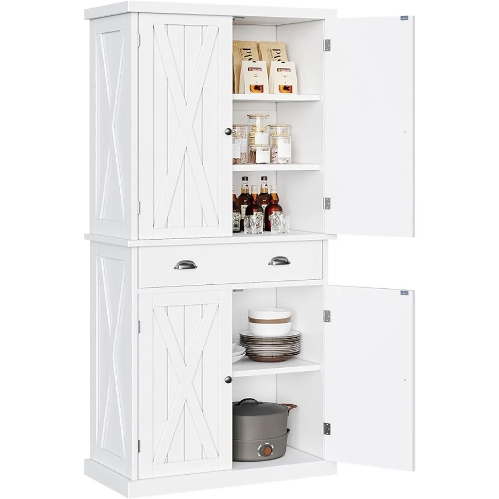 72'' Traditional Kitchen Pantry Storage Cabinet, Tall Freestanding Cupboard with Drawer and Adjustable Shelves, White