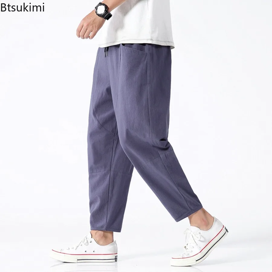 2025年 メンズ コットン クロップドパンツ ドローストリング レッグポケット ストレートパンツ 新スタイル アンクル丈 スウェットパンツ スクール 男性用 サマーパンツ