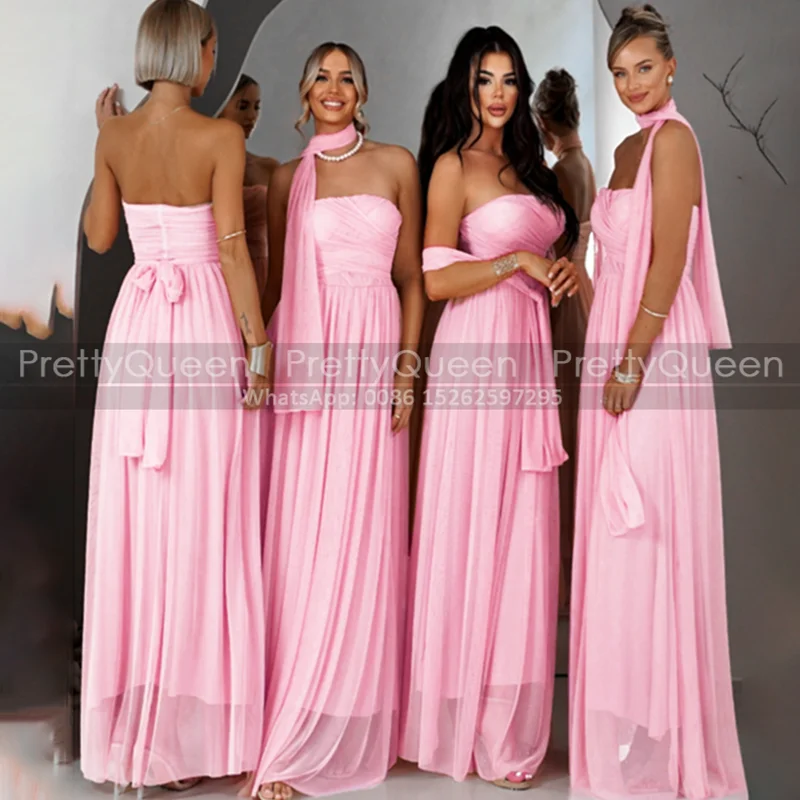 

Convertible A Line Bridesmaid Dresses With Scarf Strapless Zipper Back Pink Chiffon Customized Wedding Party Dress