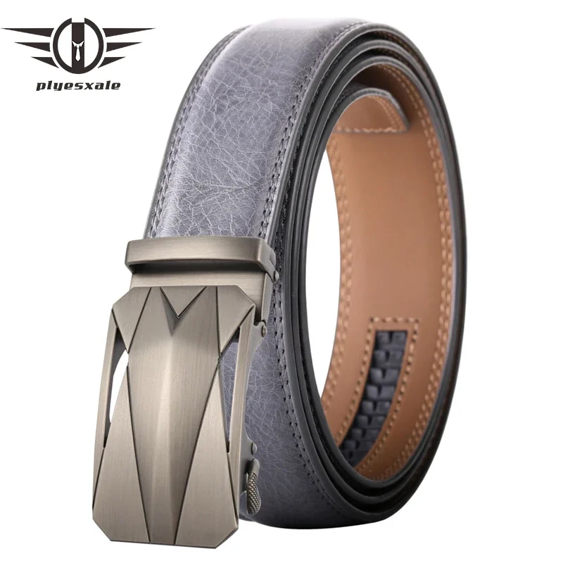 

Plyesxale Real Leather Man Belt Fashion Designed High Quality Waist Strap Male Automatic Buckle Belts For Men Black Gray B826