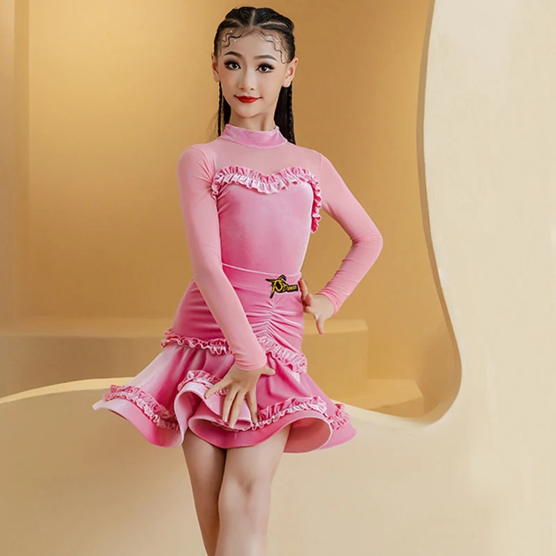 2024 New Latin Dance Professional Dress Children'S Samba Ballroom Dance Competition Costume Girls Long Sleeves Dresses SL10991