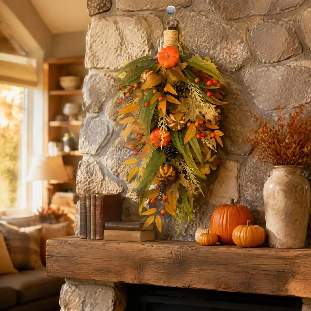 Decorative Autumn Water Drop Swag Autumn Door Swag Artificial Fall Teardrop Swag with Pumpkins Berries for Thanksgiving