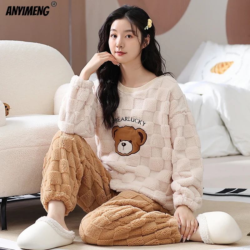 Winter M-5XL Women Jacquard Thermal Plus Size Pajamas Soft Plush Teddy Sleepwear for Girl Pullover Thick Pijama Casual Nightwear