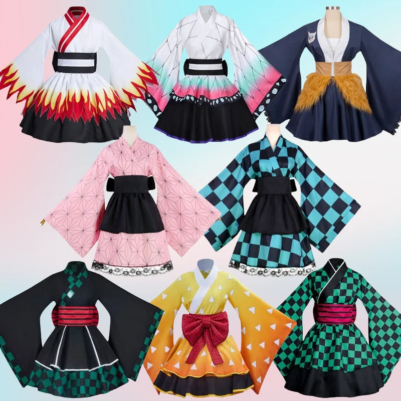 

Anime Kimetsu No Yaiba Cosplay Costume Maid Japanese Style Kimono Kamado Pink Dress Nezuko Role Play Outfit for Women