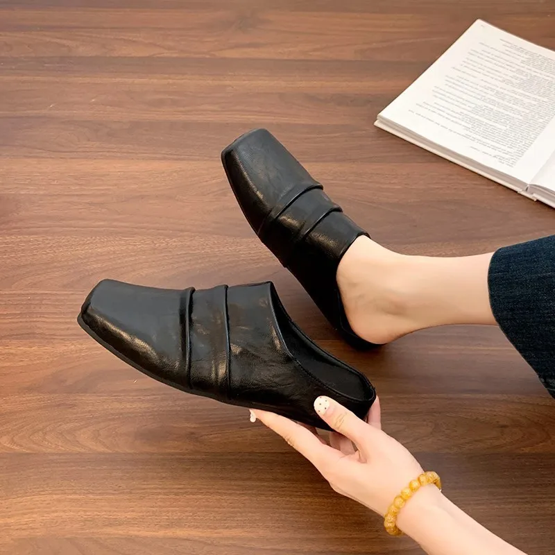 2025 جديد الصيف النساء البغال الجلود الأحذية النسائية غطاء حذاء مزود بفتحة للأصابع تربيع تو صنادل كعب منخفض مطوي النعال الحديثة #2