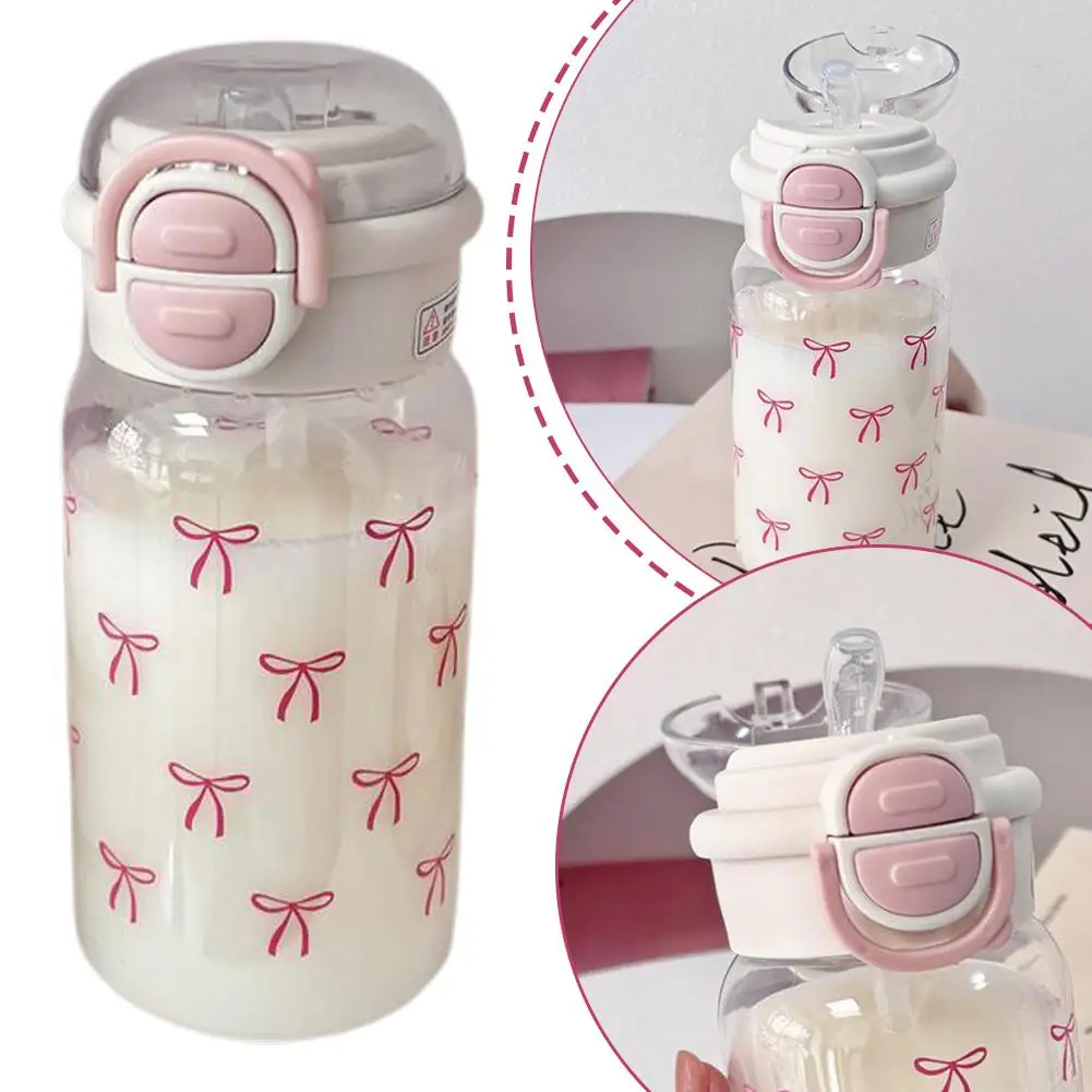 Portable Large Capacity Women Water Cup Pink Bow Print Tumbler Water Bottle with Straw Lid Girly Attractive Drinking Cup view 2