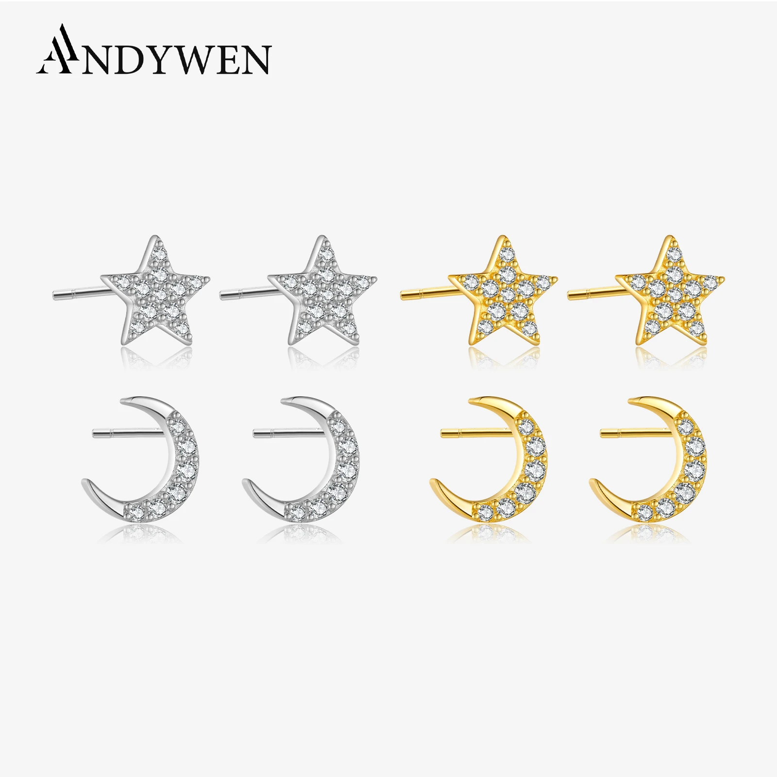 ANDYWEN-pendientes de plata de ley 925 con forma de Mini estrella, Piercing dorado de lujo, pendientes largos y brillantes, Clips, Piercing de Luna, regalo de boda