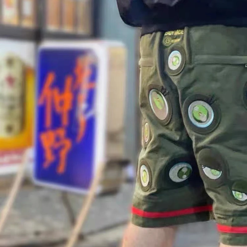 Japanese Eyes Embroidery Washed Military Green Worn Canvas Shorts for Men Summer Pockets Baggy Cargo Short Oversized