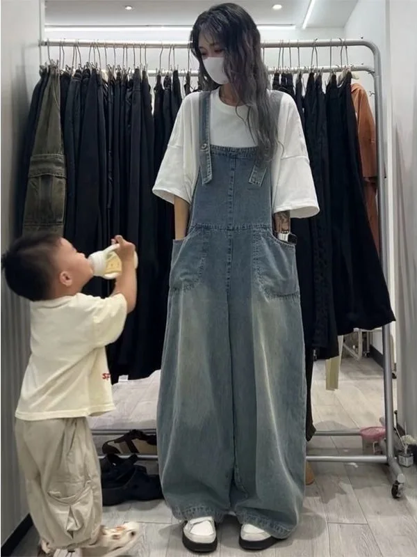 Retro Loose Slimming Denim Overalls Women's Wide Leg Pants Spring Summer Age Reduction Cute One-Piece Casual Comfortable Brea...