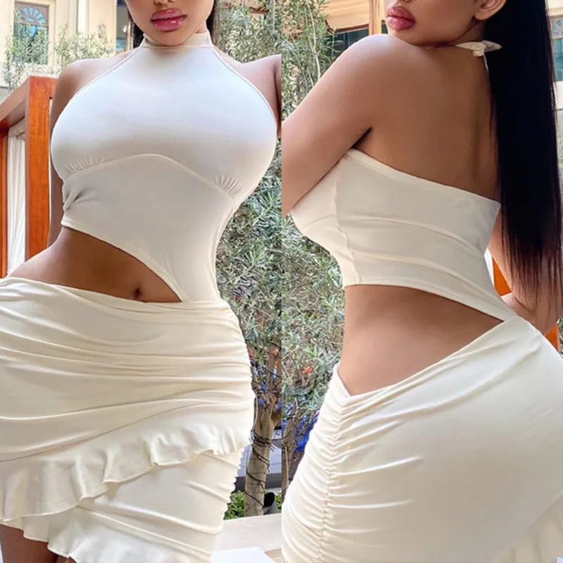 

2025 Women’s Sleeveless High Neck Dress Chic Sexy Bodycon Fit Solid Color Casual Dress With Ruffled Hem Elegant Party Mini Dress