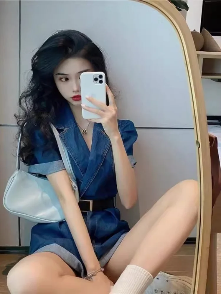 

Синие джинсовые комбинезоны женские летние новые с высокой талией, широкими штанинами, короткими рукавами, в стиле ретро, удобные, Rixo Rxly