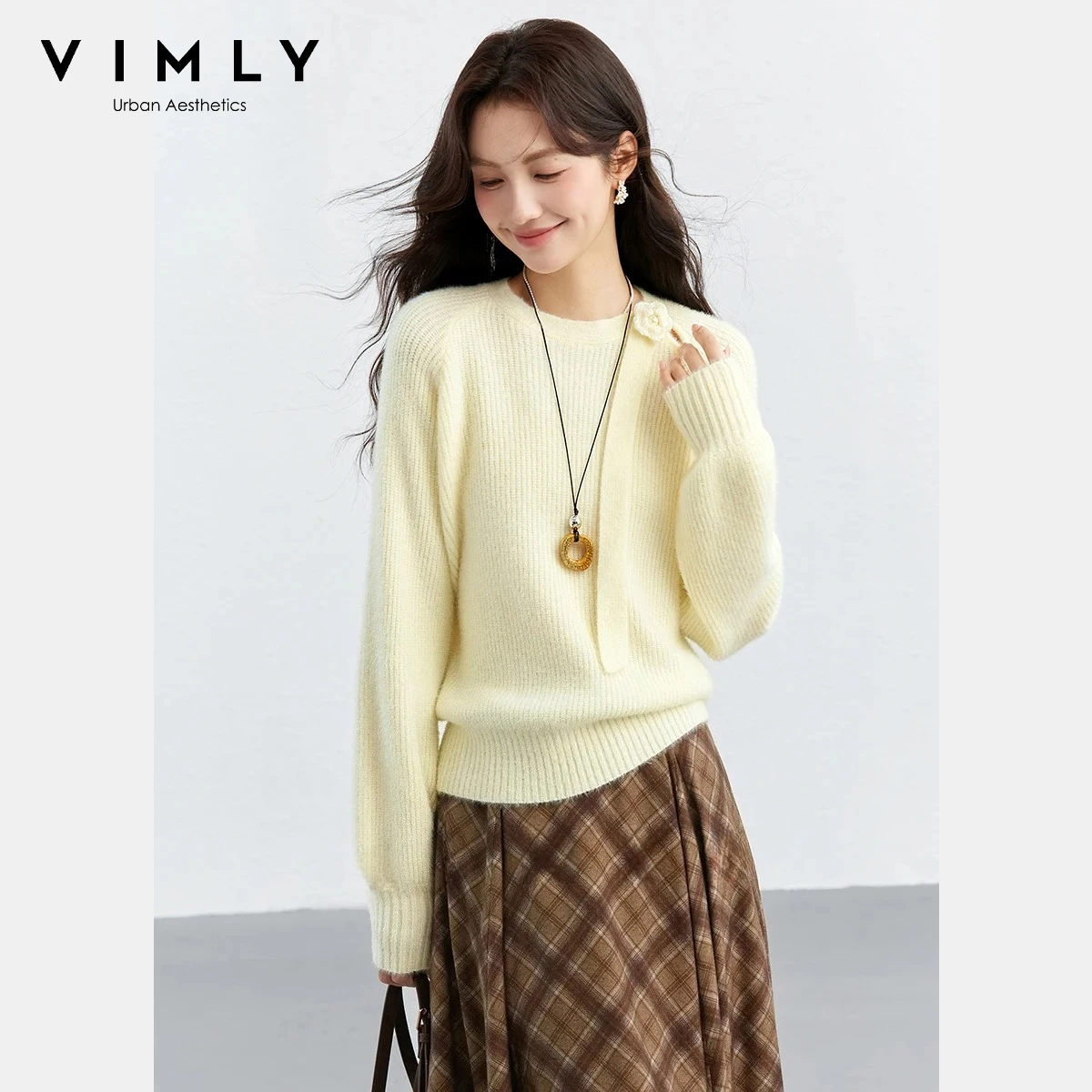 

VIMLY Women's Sweater with Ribbon 2026 Spring New Fashion Versatile Solid Top Casual Crew Neck Knitted Pullovers for woman 30826