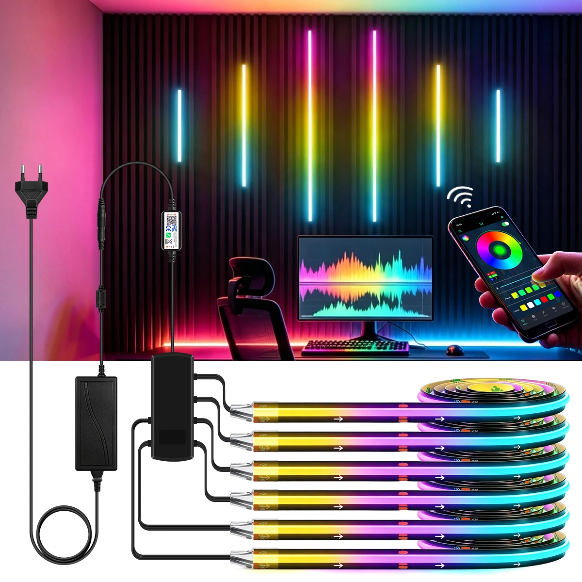 110-220v-bluetooth対応ledテープライト-rgb-ic-cob搭載、音楽連動で色が変わる、ゲーミングルームやテレビの背景照明、キャビネットの装飾、クリスマスや家庭用デコレーションに最適。