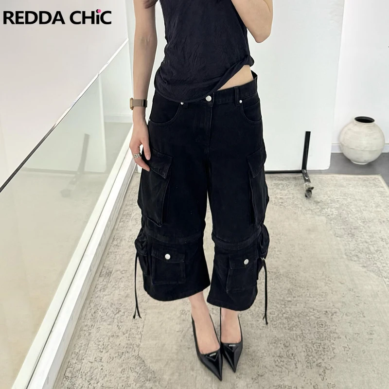 ReddaChic Hiphop Calças Cargo Pretas Cropped Estilo Boyfriend Cintura Baixa Baggy Soltas com Múltiplos Bolsos Bermuda Jeans Vintage Streetwear